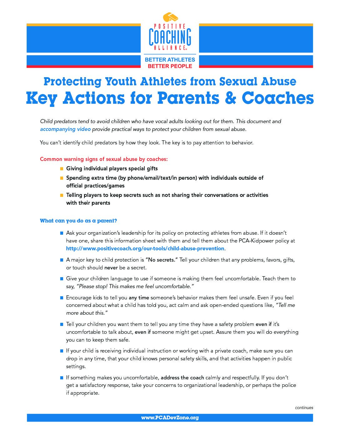 Protecting Youth Athletes - Key Actions for Parents and Coaches (PCA Resource) image image